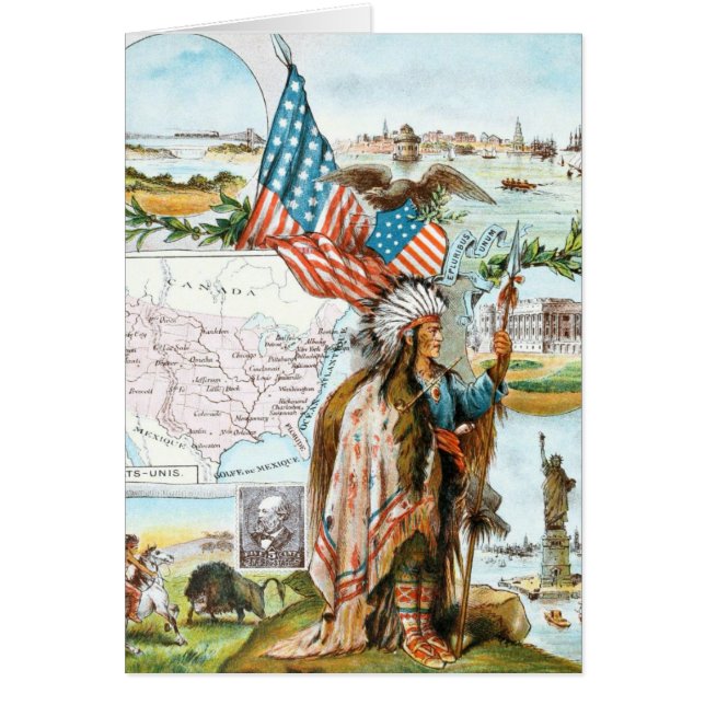 Vintageteckning: USA Collage Hälsningskort (Framsidan)
