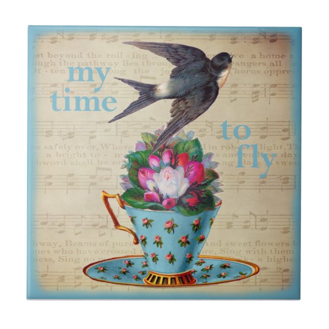 Vintagetekoppro och flygsvalafågel kakelplatta (Framsidan)