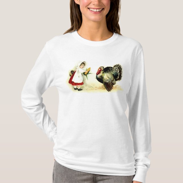 Vintagethanksgivingflicka som ger Turkiet Tee (Framsida)