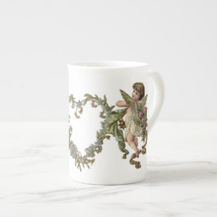 Vintagevalentinänglar med dubbla hjärtor benporslin mugg
