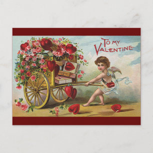 Vintagevalentines dayängel, vagn av kärlekhjärtor helg vykort
