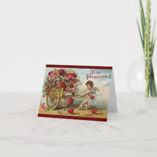 Vintagevalentines dayängel, vagn av kärlekhjärtor helgkort