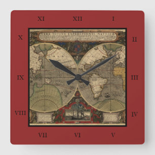 Vintagevärldskarta 1595 av Jodocus Hondius Fyrkantig Klocka