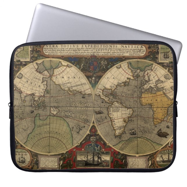 Vintagevärldskarta 1595 av Jodocus Hondius Laptop Fodral (Framsidan)