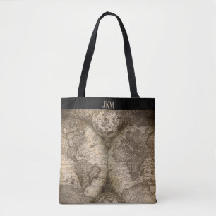 Vintagevärldskarta med Monograminitialer Tygkasse