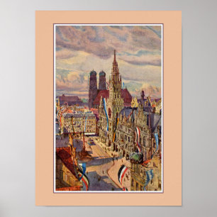 Vintagevattenfärg Munich Marienplatz Poster