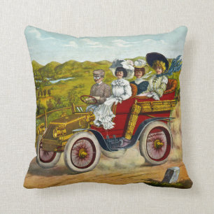 VintageVictorianbilist och damer i bil Kudde