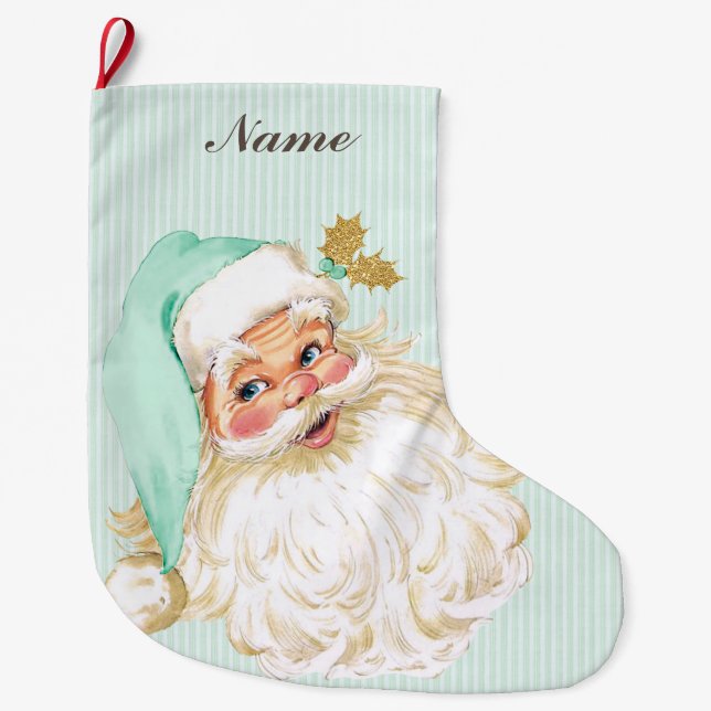 VintageVictorianjultomten neutralt Mint & guld Stor Julstrumpa (Framsidan)