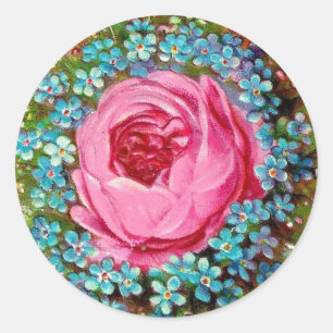 VintageVictorianrosa ros & blåa blommor Runt Klistermärke