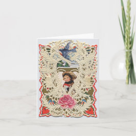 VintageVictorianvalentin, fågel & rosa ros Helgkort