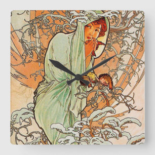 Vintagevinter av Alphonse Mucha Fyrkantig Klocka