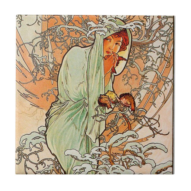Vintagevinter av Alphonse Mucha Kakelplatta (Framsidan)