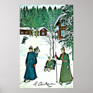 Vintagevinterplats, snöig byaffisch poster