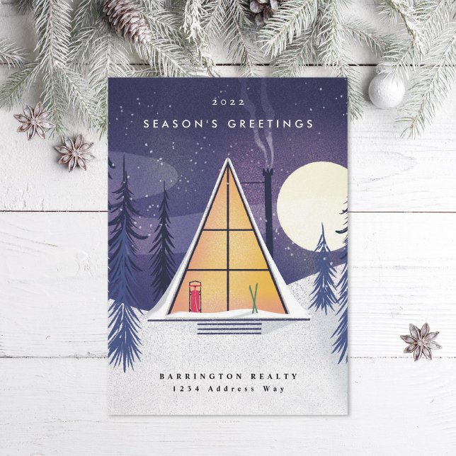 Vinter A-Frame Skidstuga Illustrerad Porträtt Julkort (Skapare uppladdad)