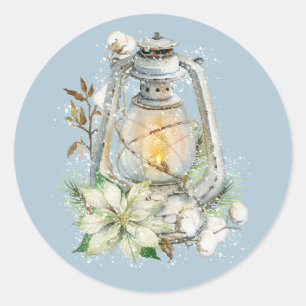 Vinter Akvarell Lantern Snö Jul Blå Runt Klistermärke