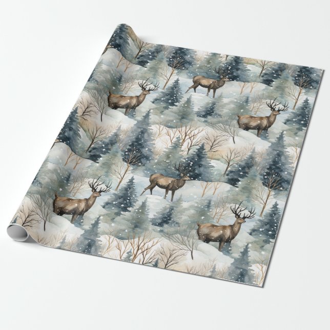 Vinter Akvarell Skog Hjort (1) Presentpapper (Utrullad)