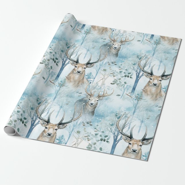 Vinter Akvarell Skog Hjort (2) Presentpapper (Utrullad)