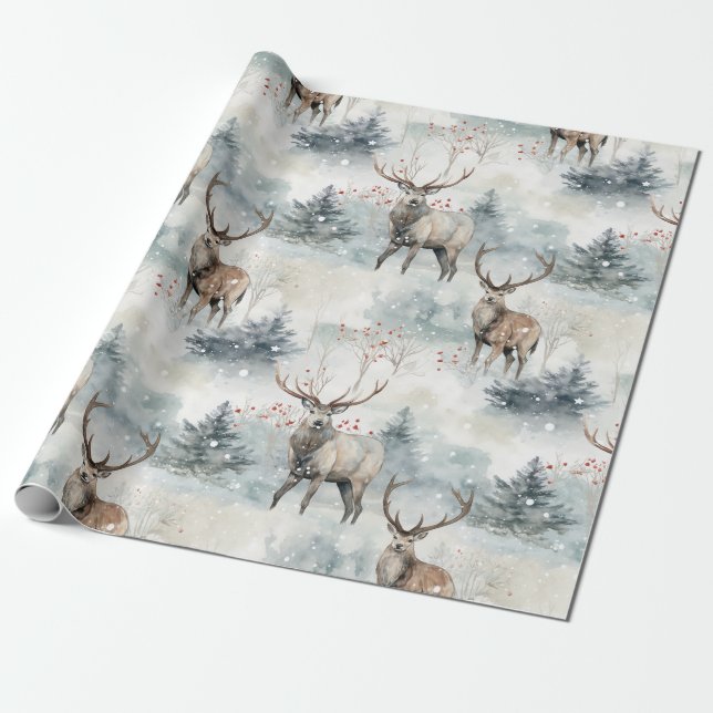 Vinter Akvarell Skog Hjort (4) Presentpapper (Utrullad)