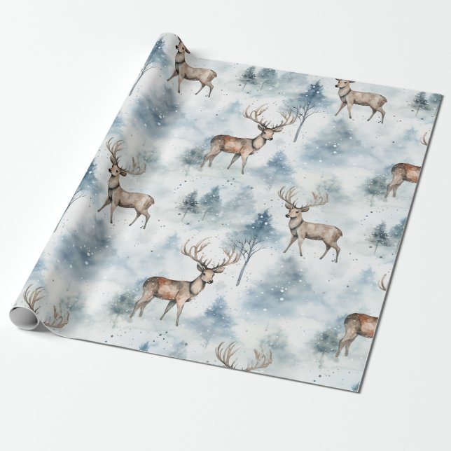 Vinter Akvarell Skog Hjort (5) Presentpapper (Utrullad)