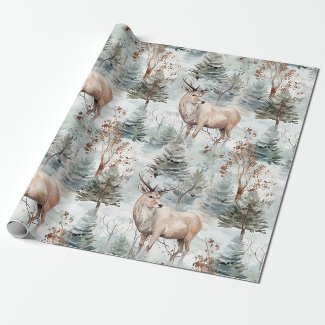Vinter Akvarell Skog Hjort (6) Presentpapper (Utrullad)