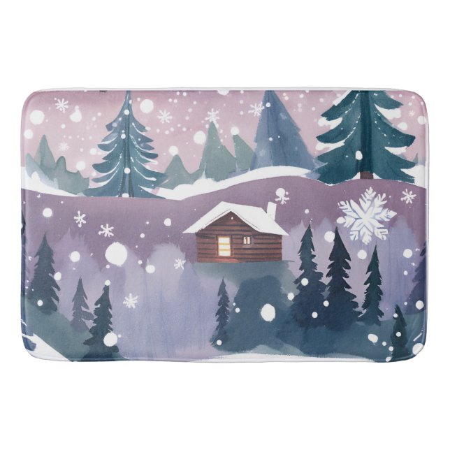 Vinter Akvarell Snö Stuga Badrumsmatta (Framsidan)