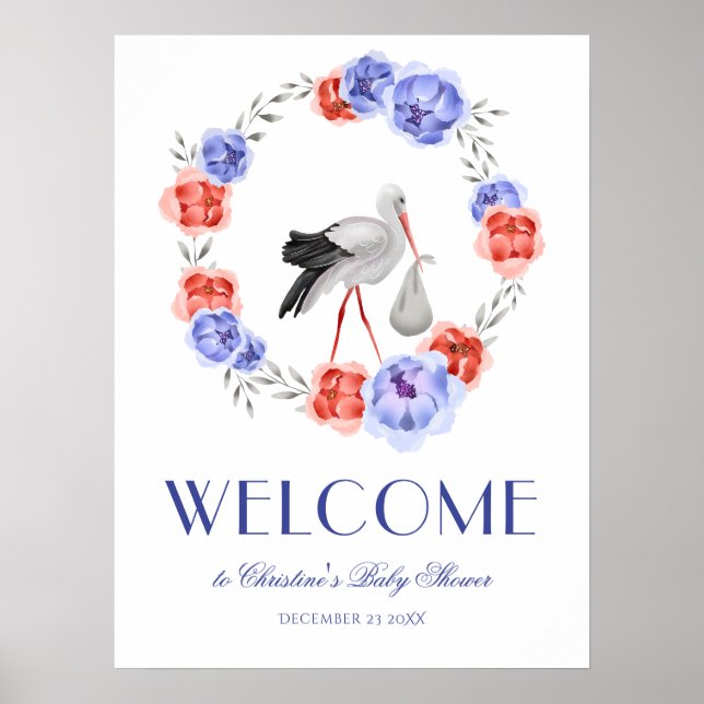 Vinter Akvarell Stork Välkommen Baby Shower Affisc Poster (Framsidan)