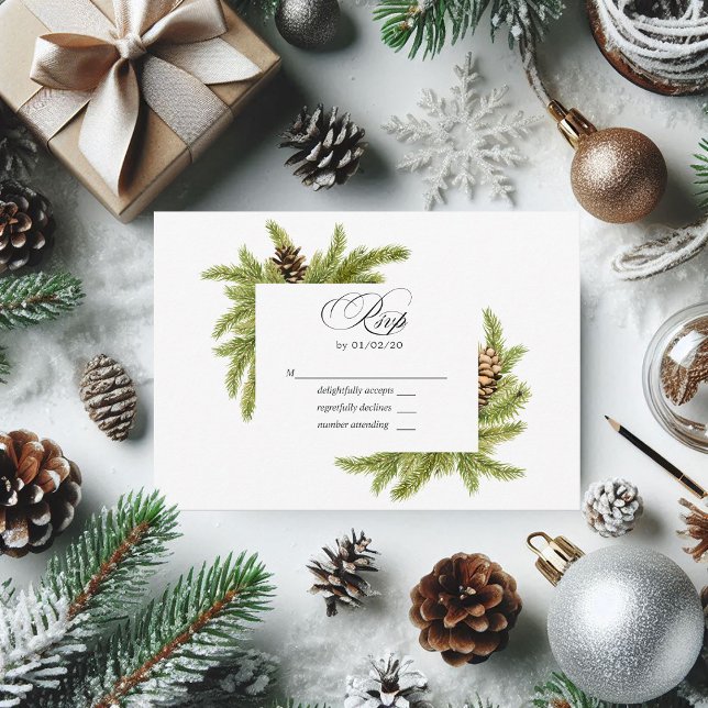 Vinter akvarell tallar bröllop RSVP OSA Kort (Winter Watercolor Pines Wedding RSVP)