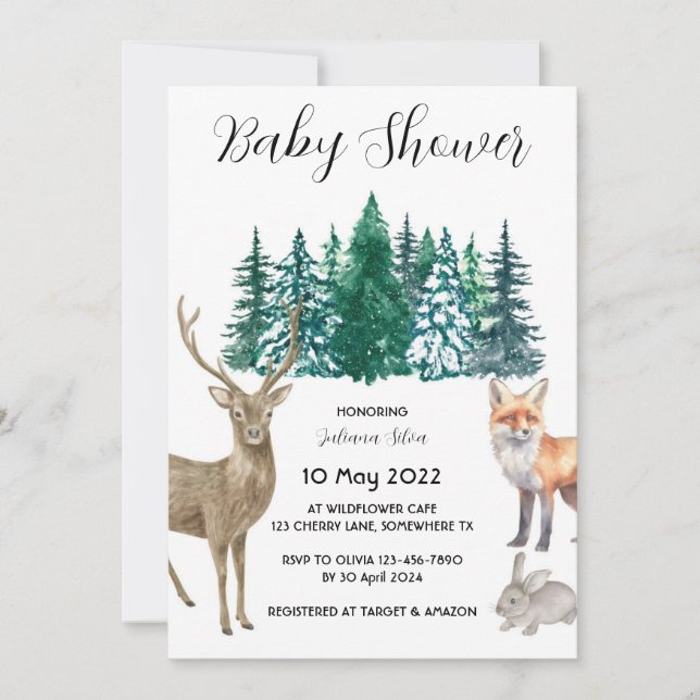 Vinter Animal Forest Wonderland Baby Shower Inbjudningar (Framsida)
