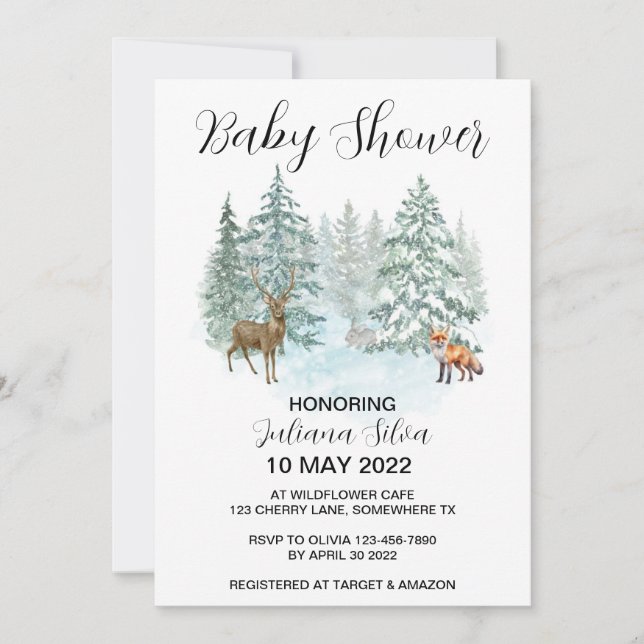 Vinter Animal Forest Wonderland Baby Shower Inbjudningar (Framsida)