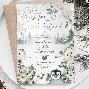Vinter Animal Onederland Snowflake 1:a födelsedag Inbjudningar