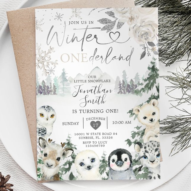 Vinter Animal Onederland Snowflake 1:a födelsedag Inbjudningar (Skapare uppladdad)