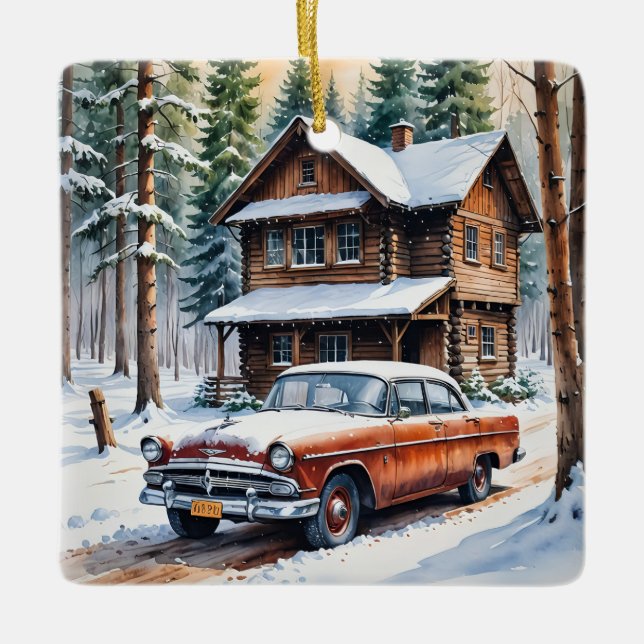 Vinter Antique Car-julprydnad Julgransprydnad Keramik (Framsida)