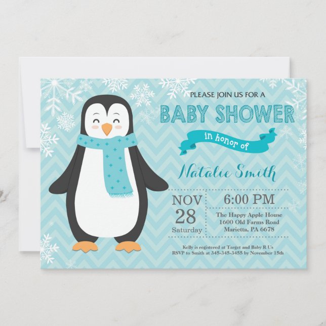 Vinter Aqua Pingvin Baby Shower Inbjudan (Framsida)
