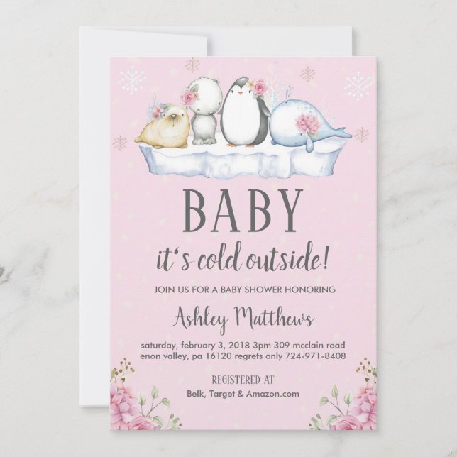 Vinter Arktiska Djur Baby Shower Inbjudan (Framsida)