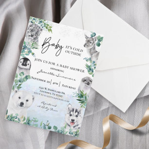 Vinter Arktiska Djur Baby Shower Vattenfärg Inbjudningar