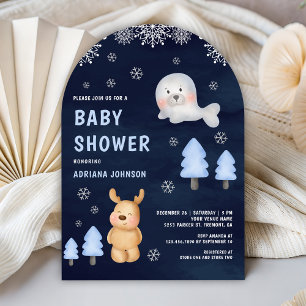 Vinter Arktiska Djur Marinblå Baby Shower Inbjudningar