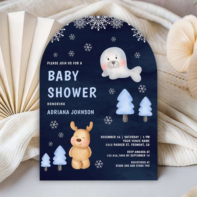Vinter Arktiska Djur Marinblå Baby Shower Inbjudningar (Skapare uppladdad)