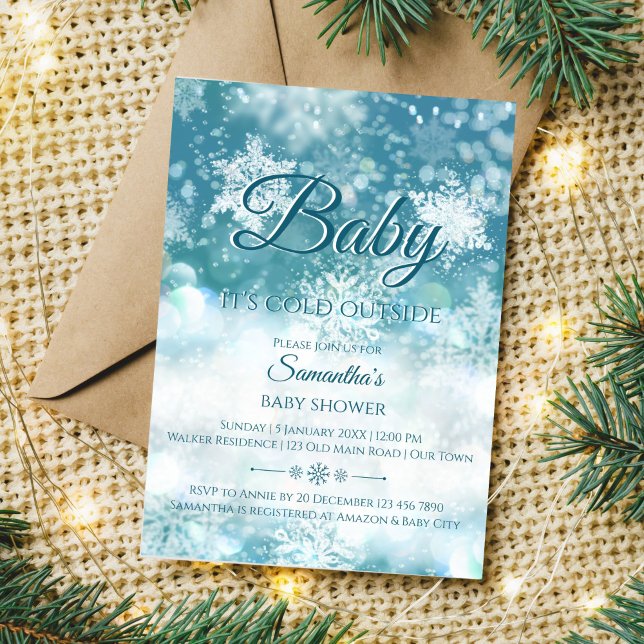 Vinter baby är kallet utanför babyduschen inbjudningar (Baby it's cold outside winter baby shower editable template invitation teal blue bokeh snowflakes)