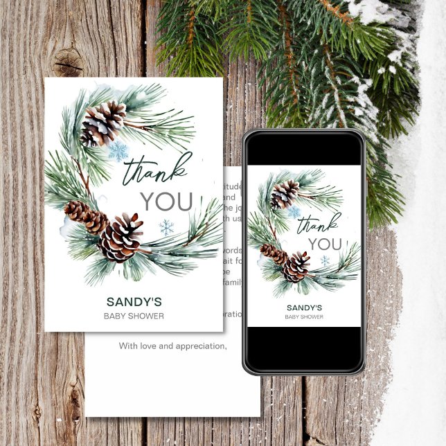 Vinter-baby-babyduschen gräs-andedräkt inbjudningar (Winter baby baby shower pine wreath editable template thank you card digital download baby it's cold)