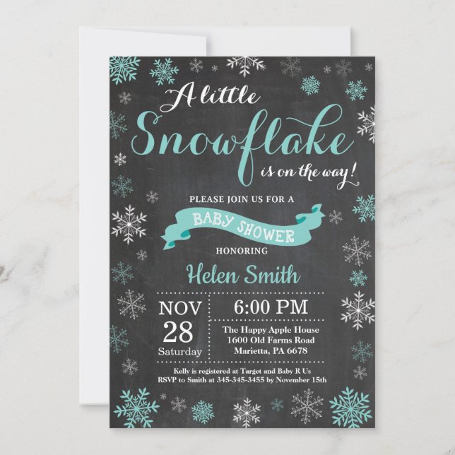 Vinter Baby Shower Aqua Snowflake Chalkboard Inbjudningar (Framsida)