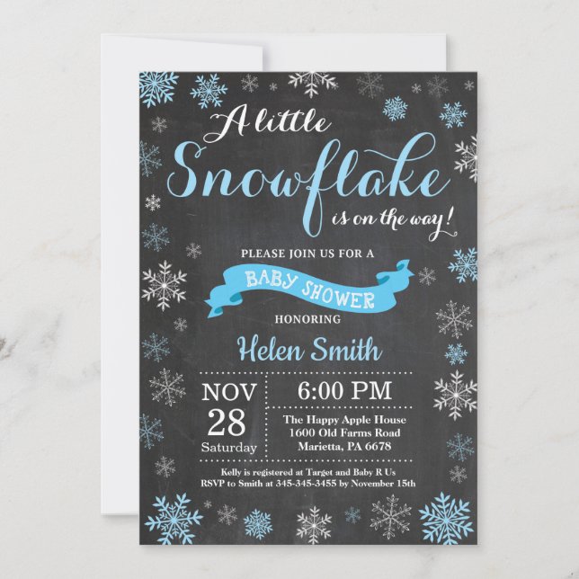 Vinter Baby Shower Blue Snowflake Chalkboard Inbjudningar (Framsida)