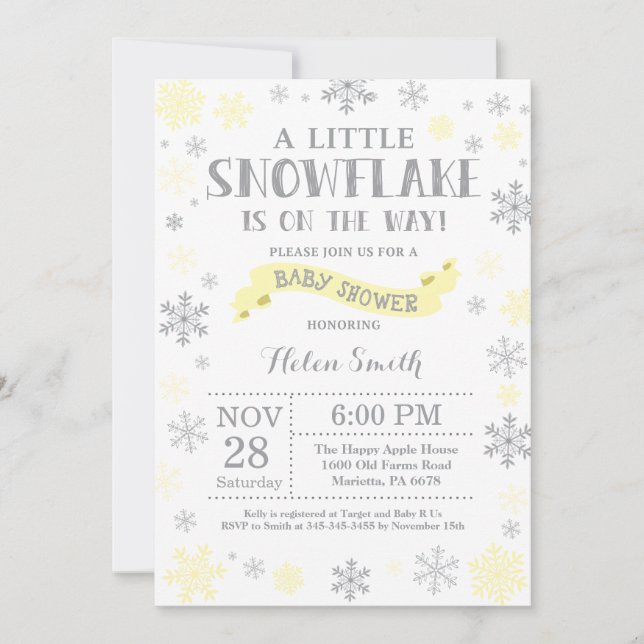 Vinter Baby Shower Inbjudan Gul Snöflinga (Framsida)