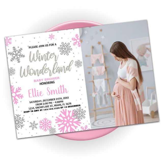 Vinter Baby Shower Inbjudningar Rosa Foto (Winter Baby Shower Invitations Pink Photo)