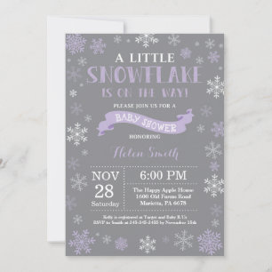 Vinter Baby Shower Lila Vit och Grå Snöflinga Inbjudningar