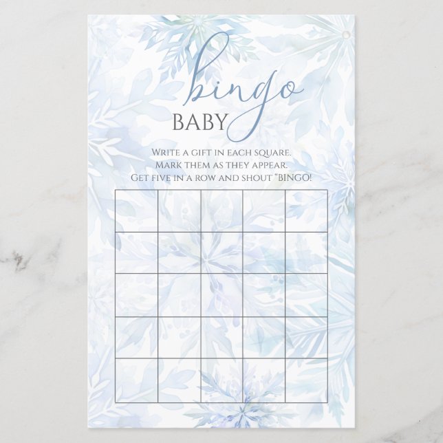 Vinter Baby Shower Pojke Blå Snöflinga Bingo Spel (Framsida)