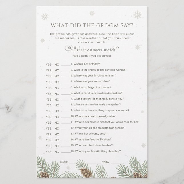 Vinter Baby Shower Vad Sa Brudgummen Spel (Framsida)