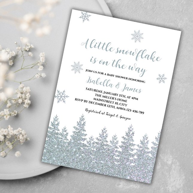 Vinter Baby Shower Woodland Little Snowflake Inbjudningar (winter baby shower invitation gender neutral woodland silver glitter little snowflake on the way)
