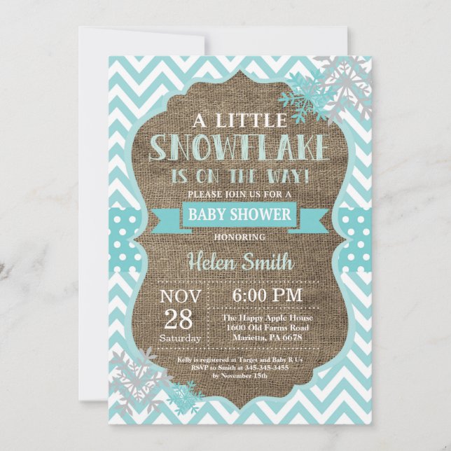 Vinter Babyshower Aqua Snöflinga Jute Inbjudningar (Framsida)