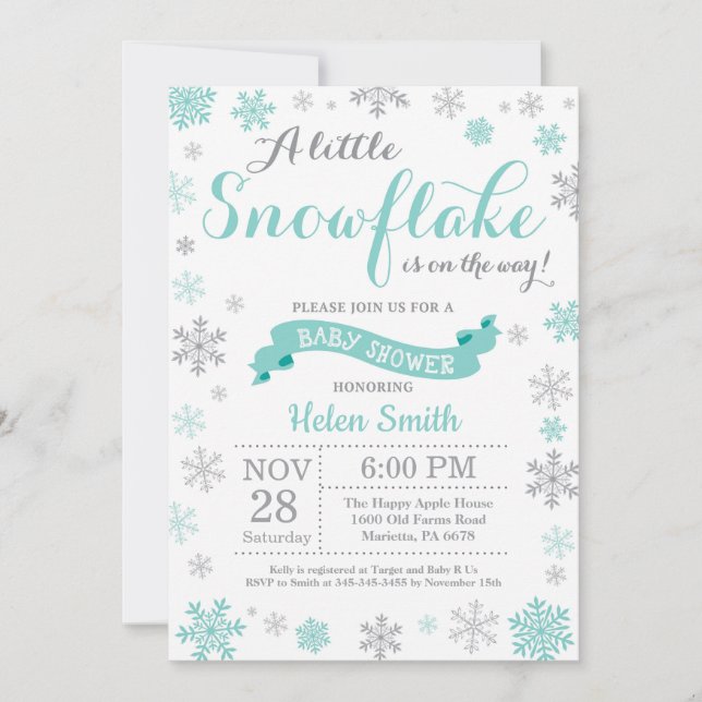 Vinter Babyshower Inbjudan Aqua Snöflinga (Framsida)