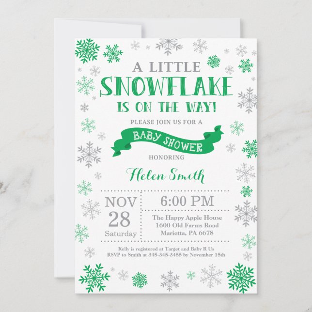 Vinter Babyshower Inbjudan Grön Snöflinga (Framsida)